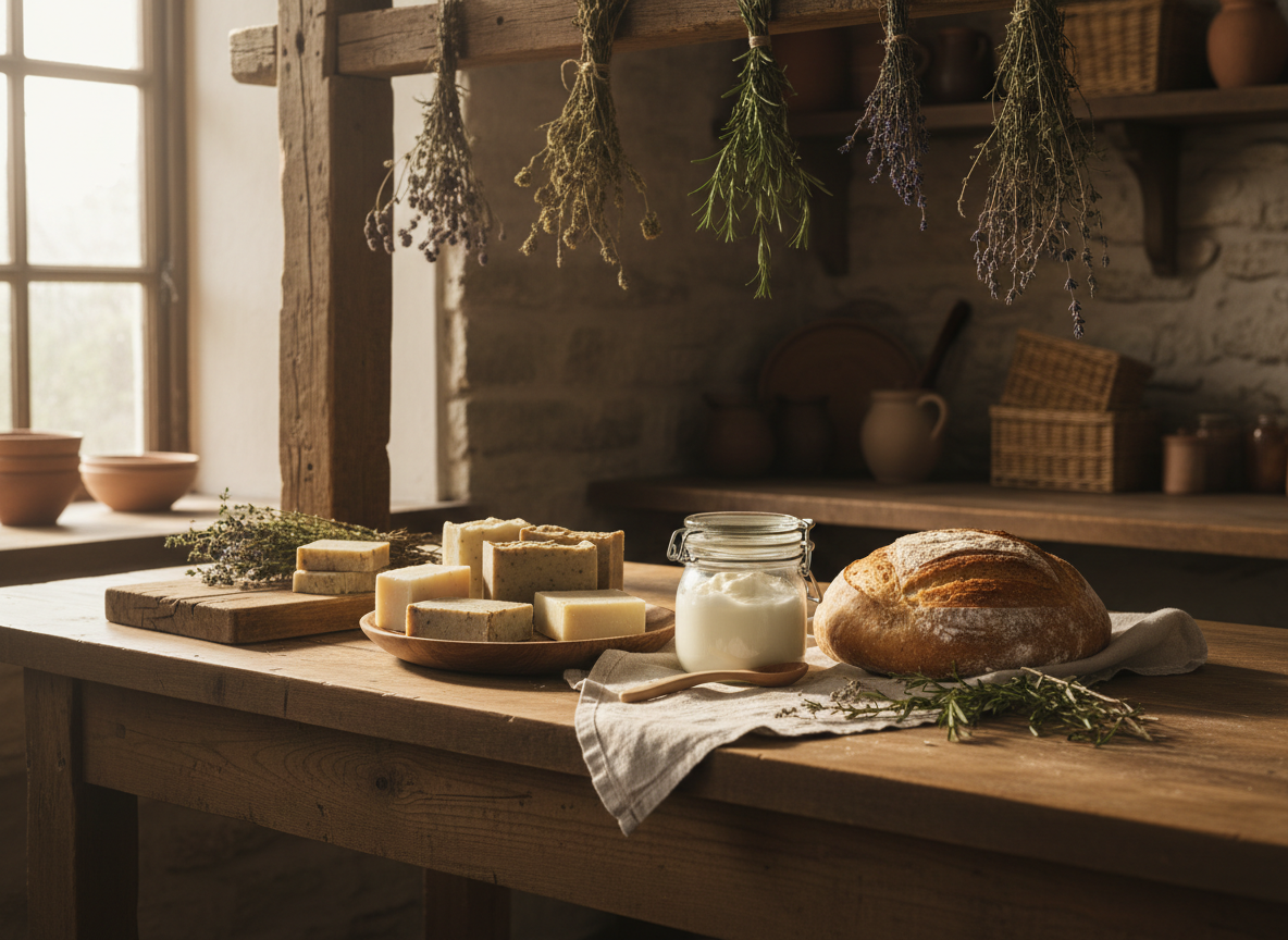 Selbstgemachte Seife, Sauerteigbrot und Creme in rustikaler Küche