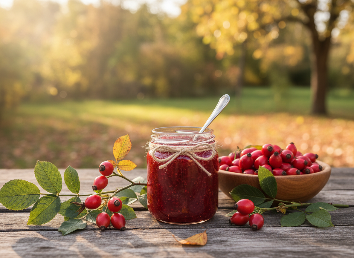 Hagebuttenmarmelade im Glas mit frischen Hagebutten