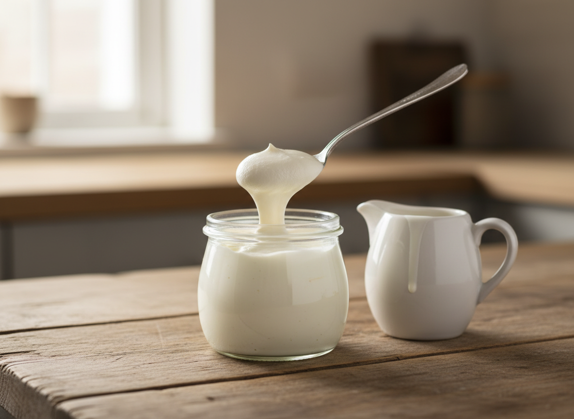Selbstgemachte Crème fraîche im Glas