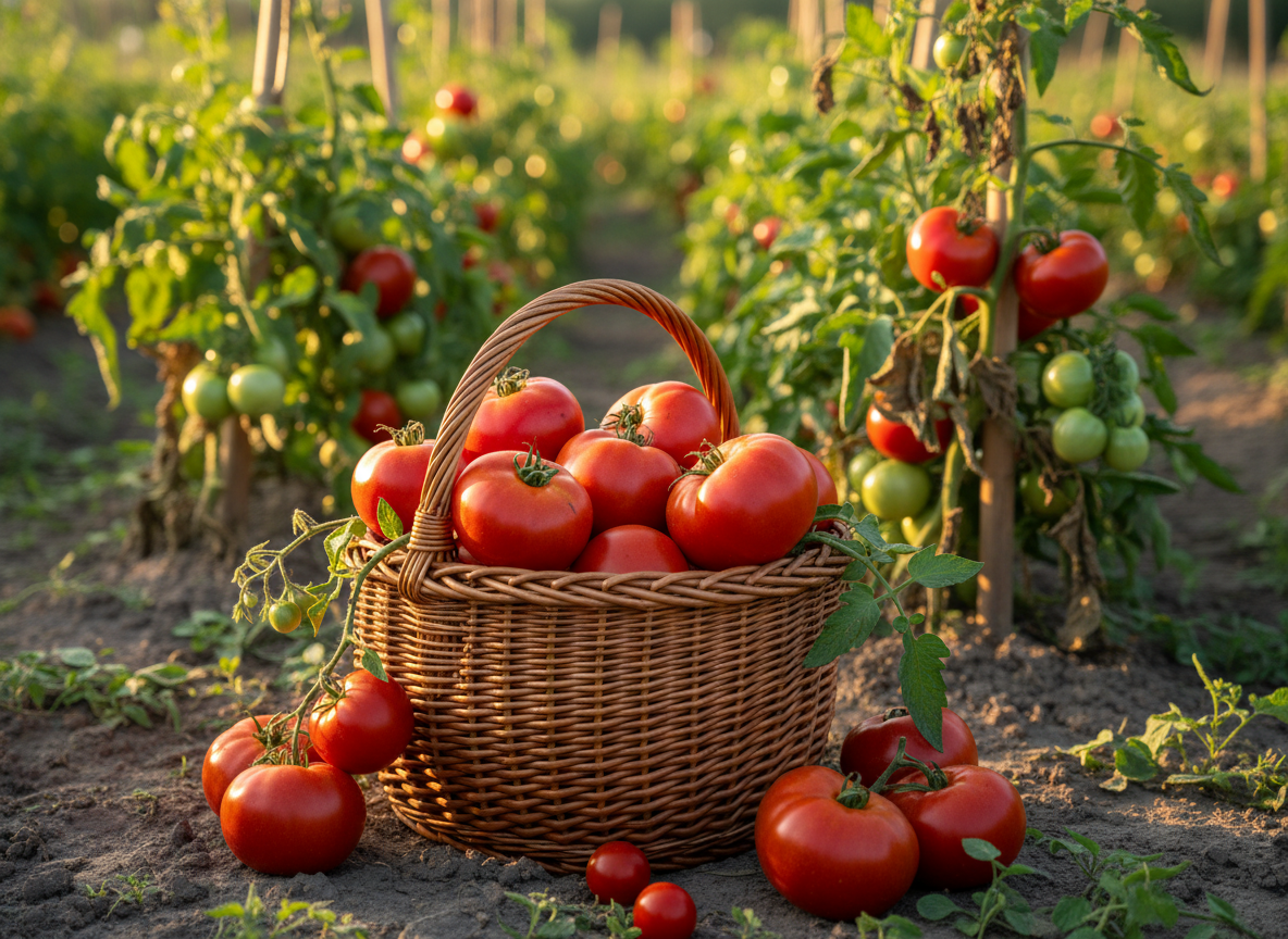 Korb voller reifer Tomaten aus der Herbsternte