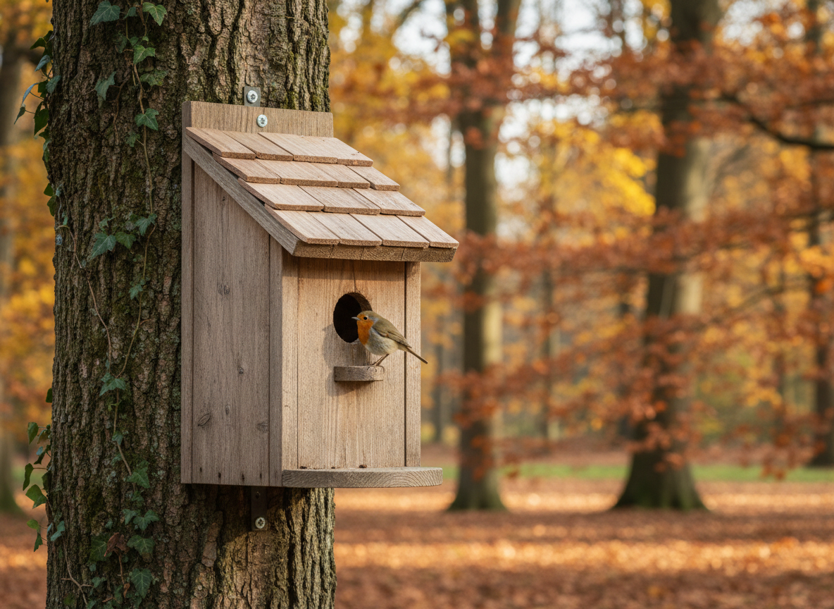 Hölzerner Nistkasten für Wildvögel an einem Baumstamm, ein Vogel am Einflugloch