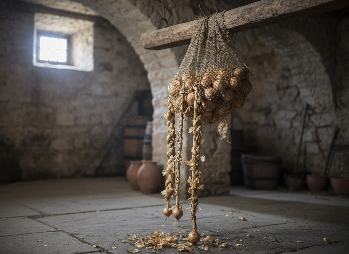 Zwiebelnetz und geflochtene Zwiebeln mit papierartiger Schale hängen in einem kühlen Keller