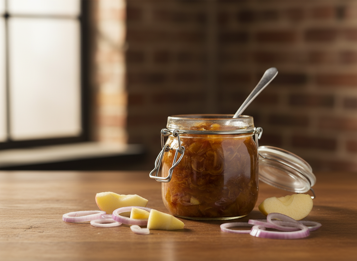 Offenes Glas mit selbstgemachtem Apfel-Zwiebel-Chutney aus karamellisierten Zwiebeln