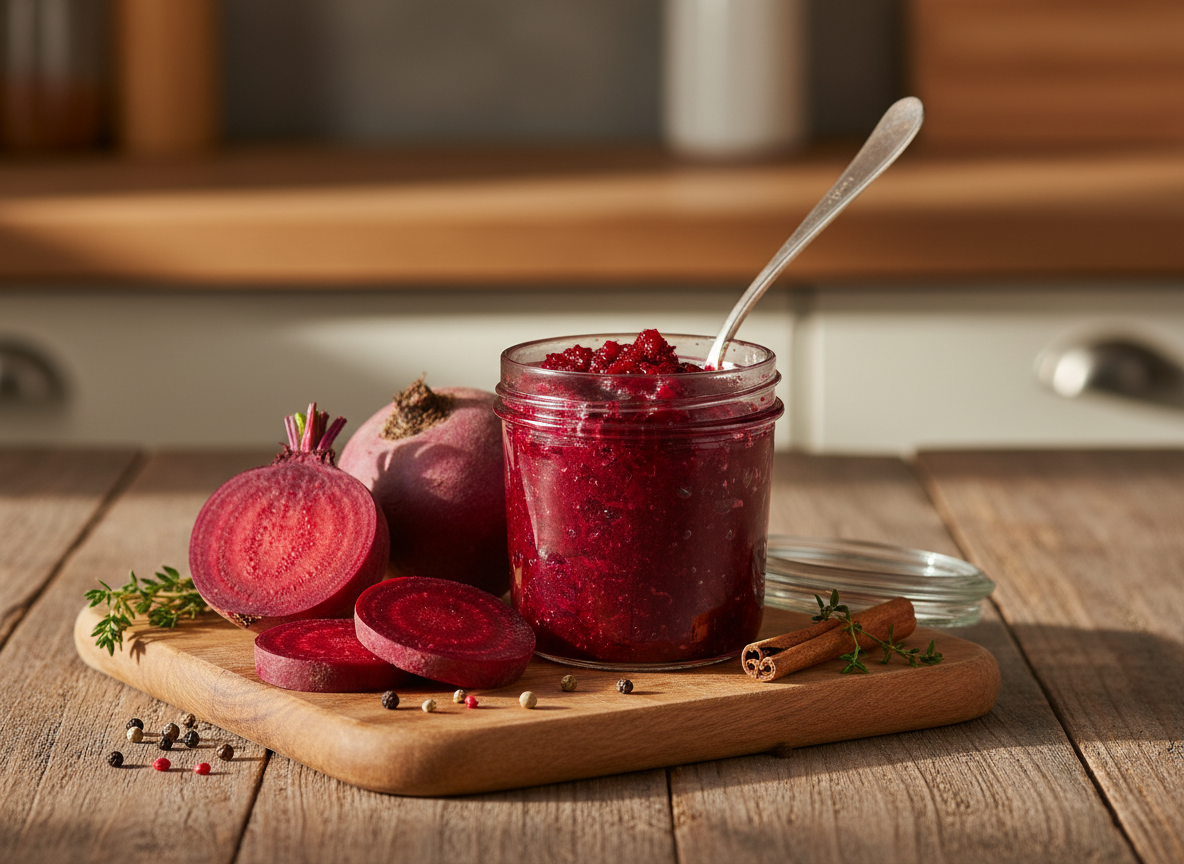 Rote-Bete-Chutney im Glas mit Zimtstange
