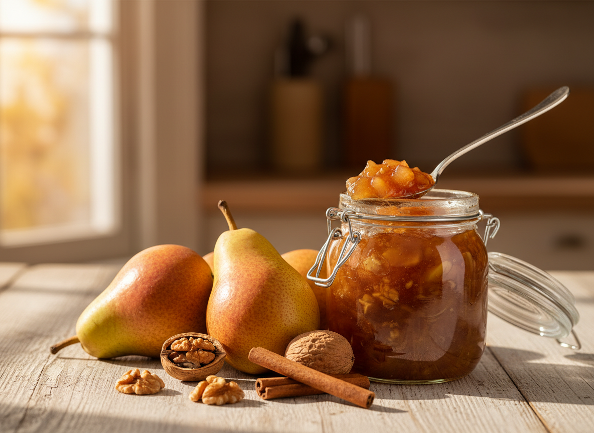 Birnen-Walnuss-Marmelade im Glas mit Zimtstange