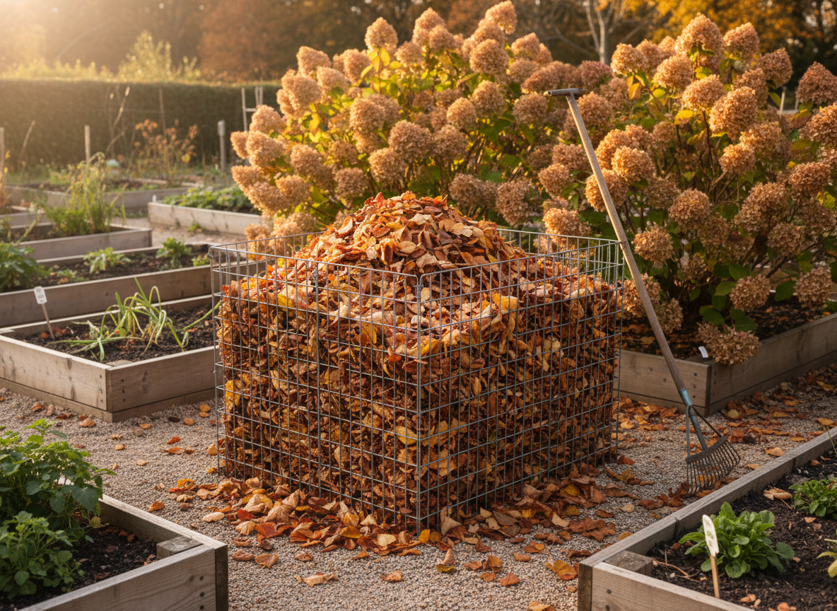 Blattkompost ansetzen: Drahtkomposter gefüllt mit buntem Herbstlaub im Gemüsegarten