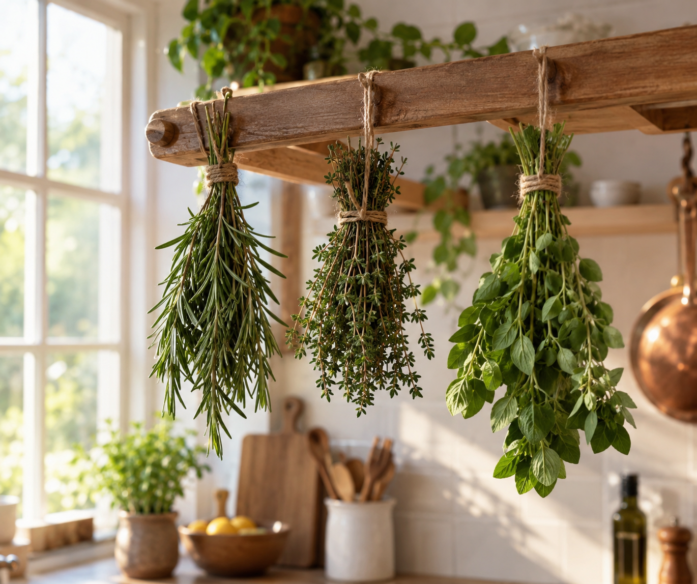 Kräuter richtig trocknen: frische Gartenkräuter werden für den Vorrat getrocknet