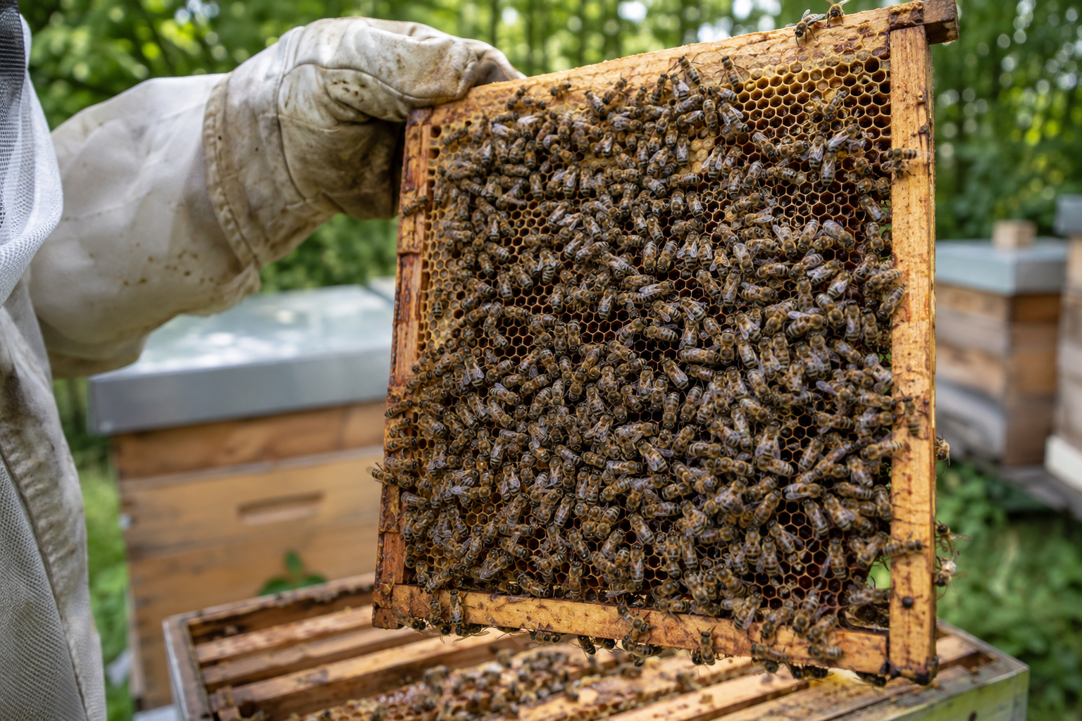Bienen richtig pflegen: Bienenvolk auf Waben im Bienenstock