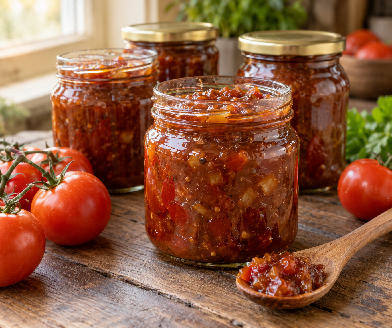 Eingekochtes Tomaten-Chutney im Glas als würziger Vorrat aus der Tomatenernte