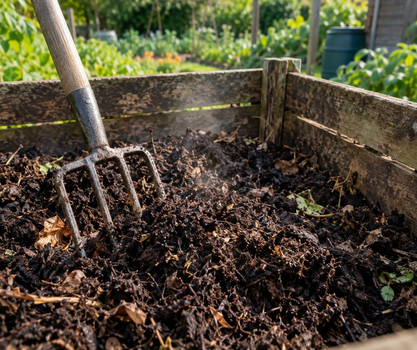 Kompost schneller reifen lassen: Komposthaufen mit Gartenabfällen im Garten