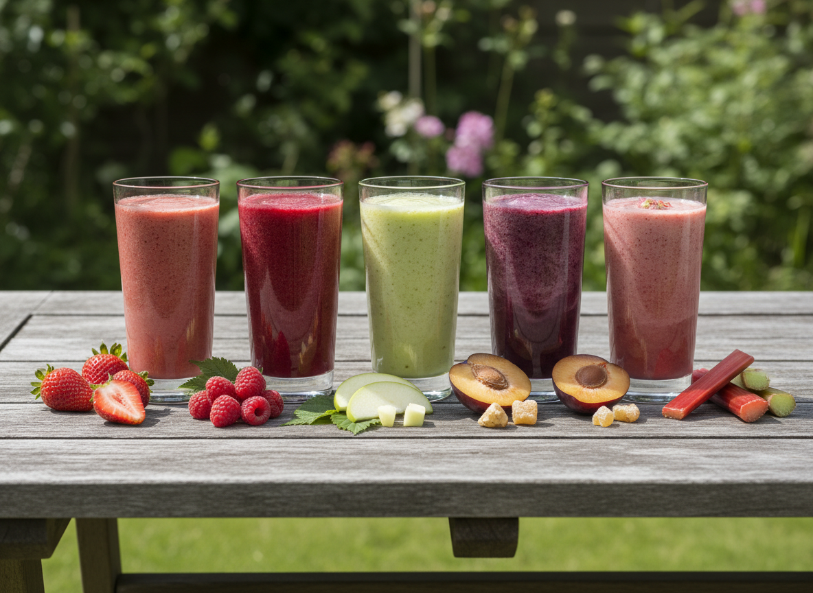 Fünf bunte Frucht-Smoothies aus Gartenobst