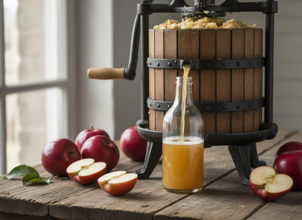 Frisch gepresster Apfelsaft mit Obstpresse