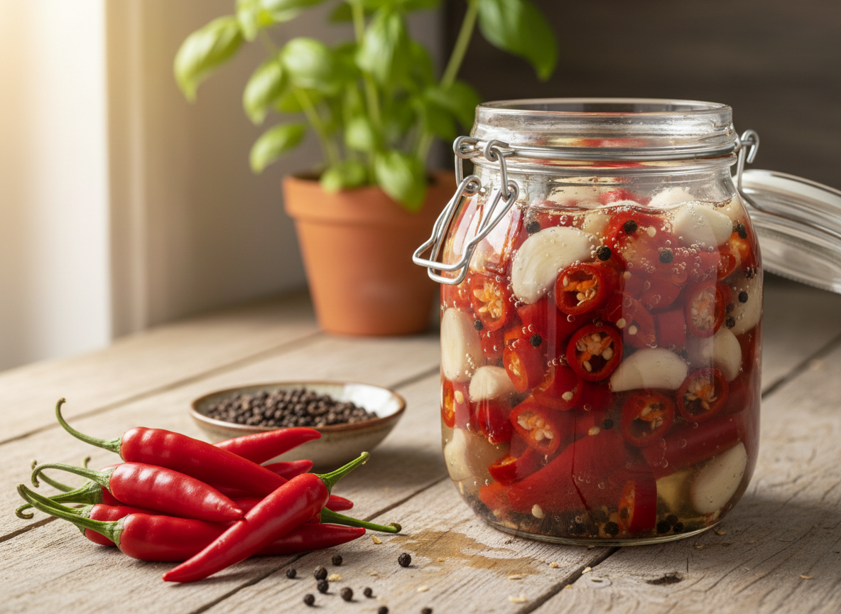 Bügelglas mit roten Chilischoten, Knoblauchzehen und Pfefferkörnern in Salzlake, daneben frische Chilis
