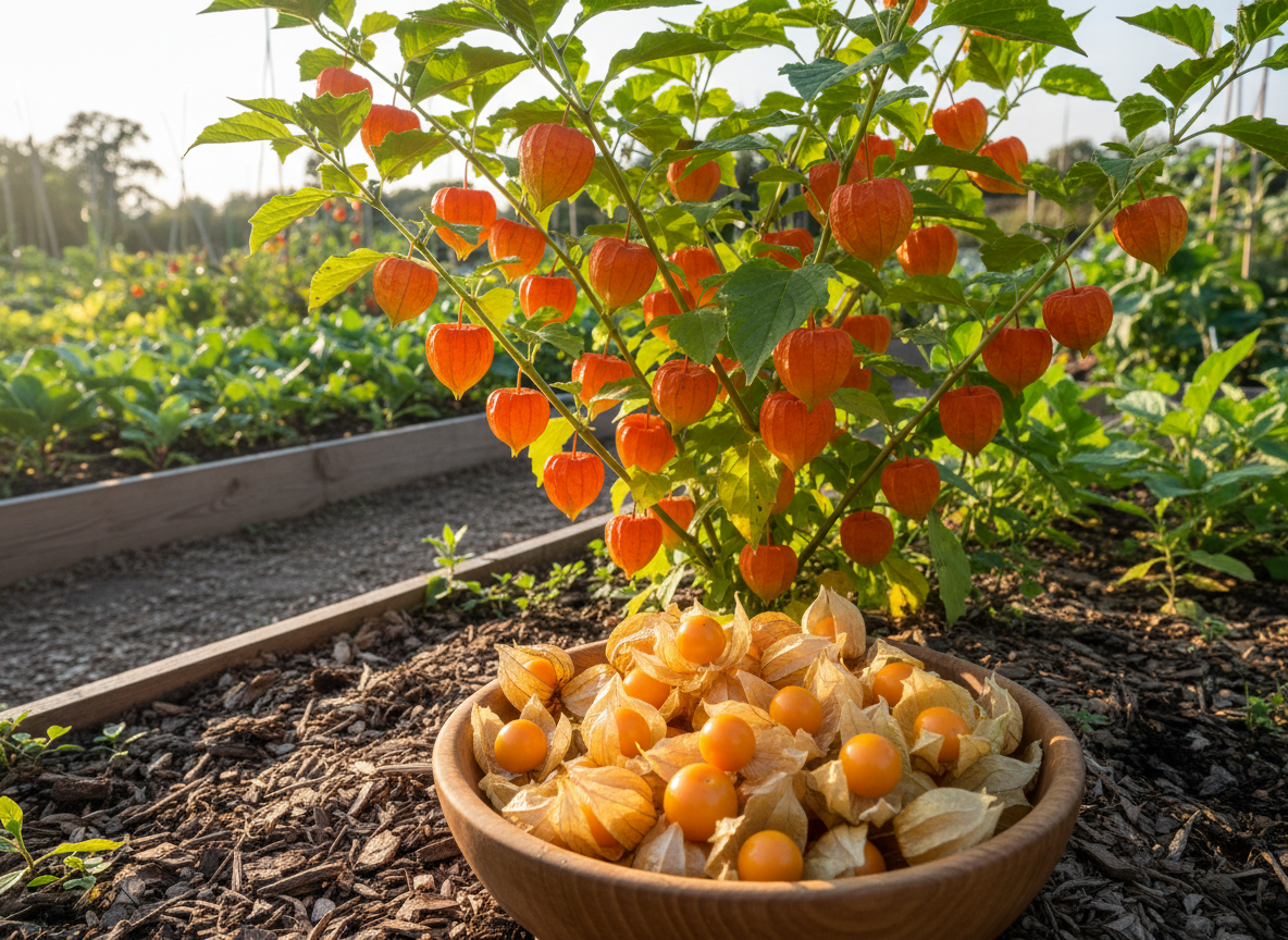 Physalispflanze mit orangefarbenen Lampionhüllen im Gemüsegarten, davor eine Holzschale mit geernteten Früchten