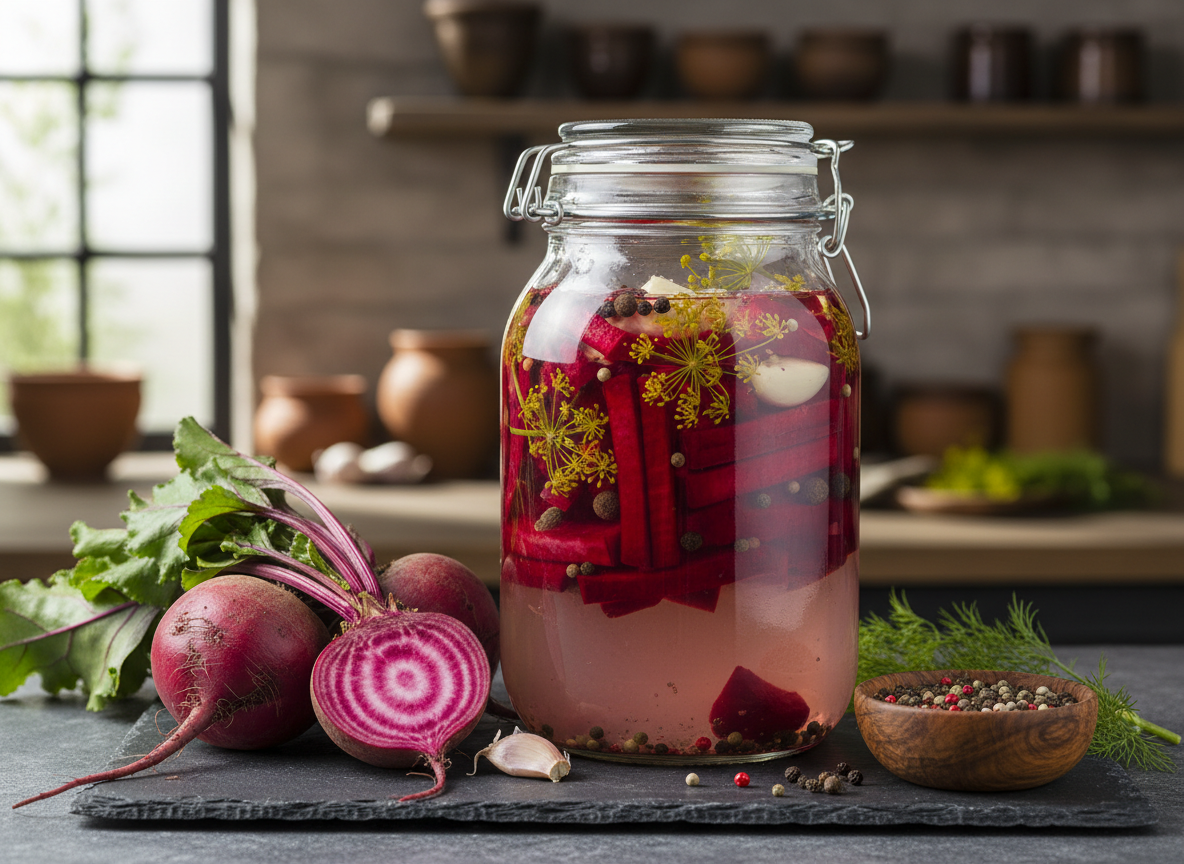 Fermentierte Rote Bete im Bügelglas mit Dill und Pfefferkörnern neben frischen Knollen