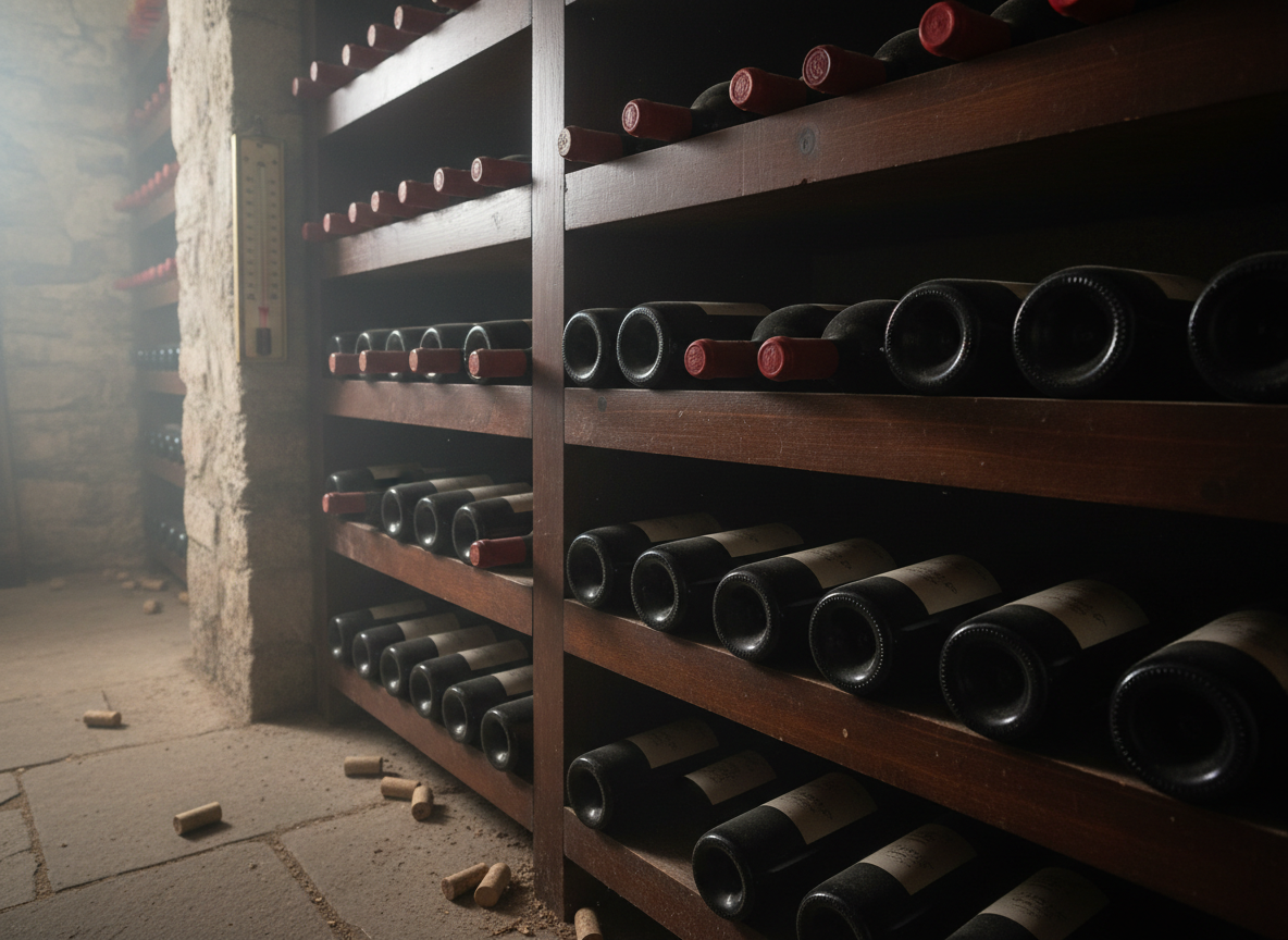 Weinflaschen liegen im kühlen Weinregal