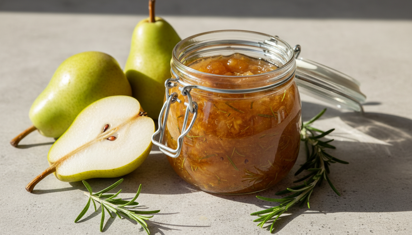Bügelglas mit goldener Birnen-Rosmarin-Marmelade, daneben frische Birnen und Rosmarinzweige