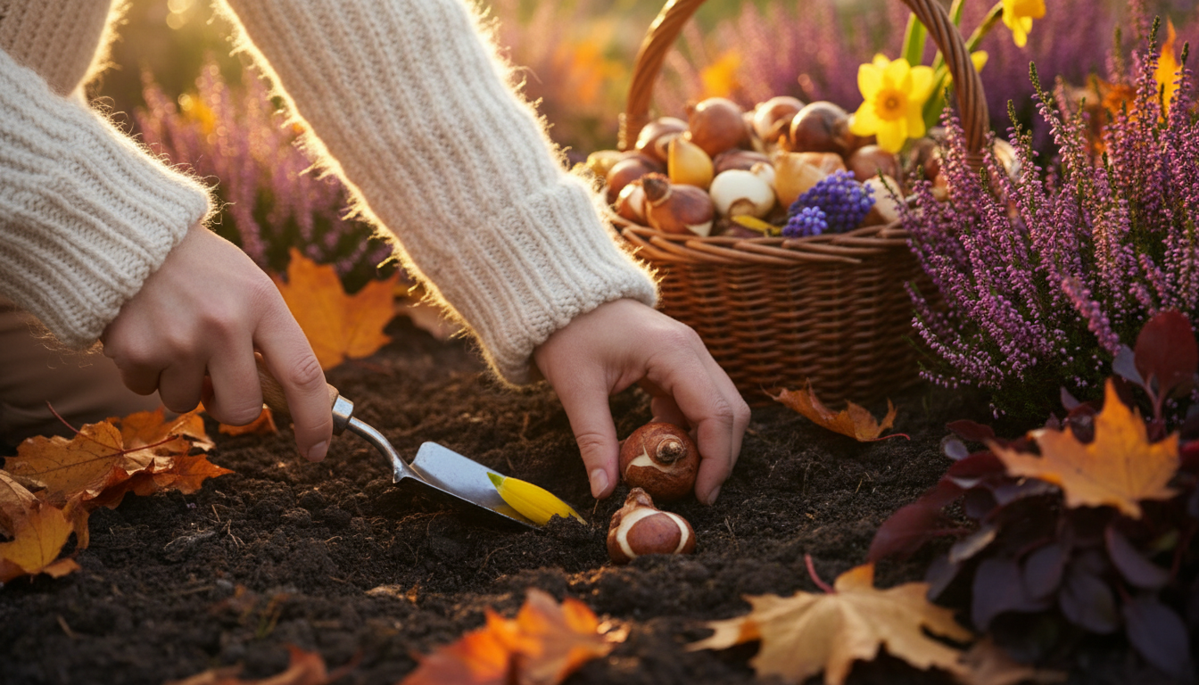 Hände setzen Blumenzwiebeln mit einer Pflanzschaufel in die Herbsterde, daneben ein Korb mit Tulpen- und Narzissenzwiebeln