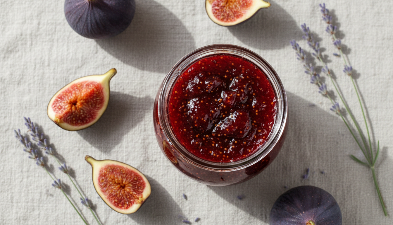 Glas mit dunkelroter Feigen-Lavendel-Marmelade, daneben halbierte Feigen und Lavendelzweige