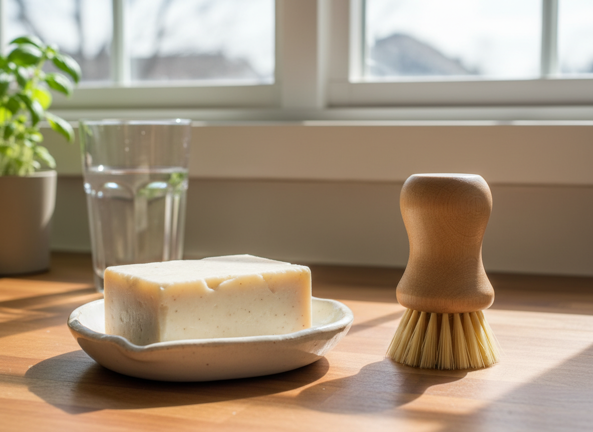 Selbstgemachtes festes Spülmittel auf Seifenschale mit Holz-Spülbürste