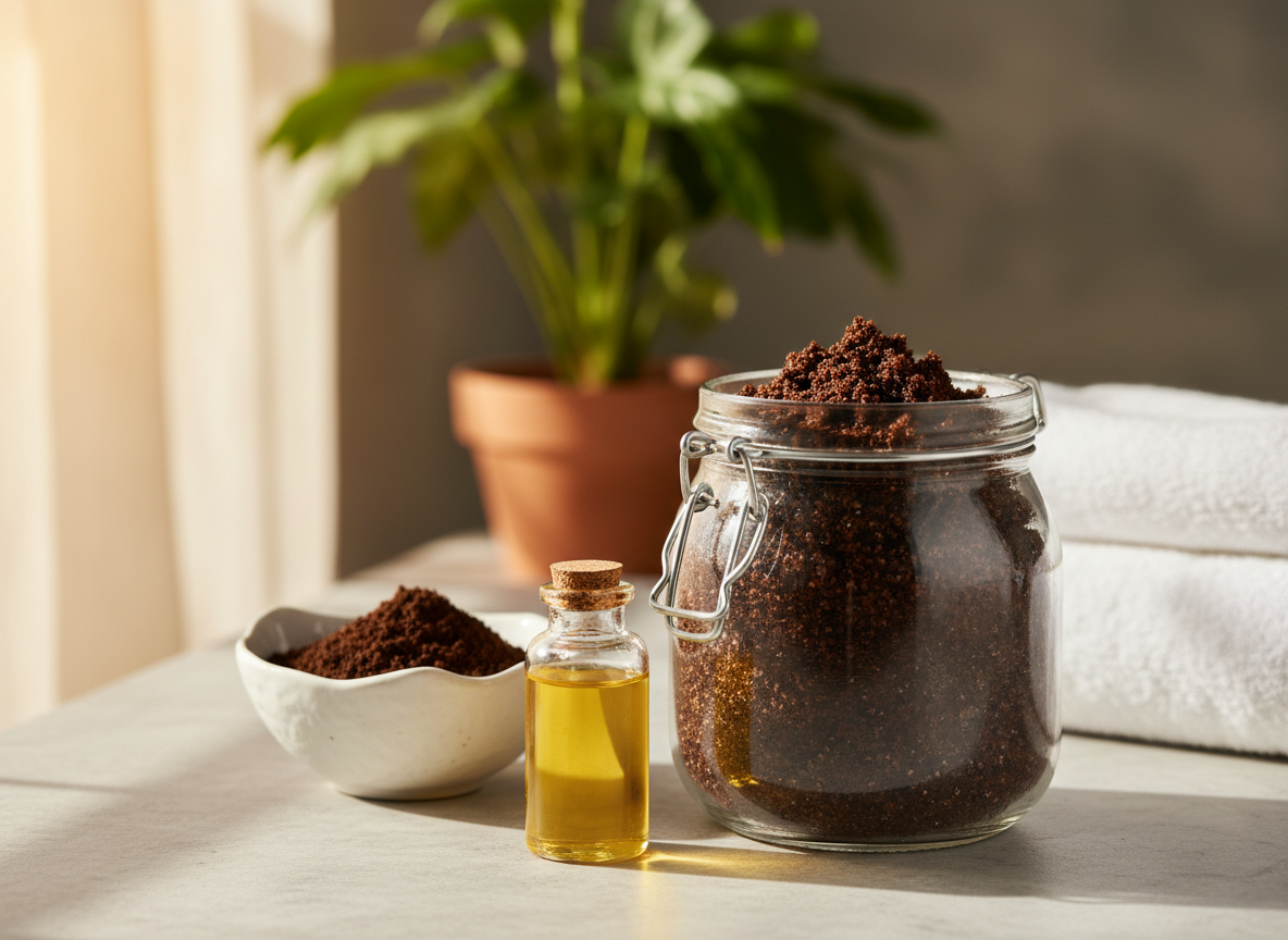 Selbstgemachtes Kaffeesatz-Peeling im Bügelglas mit Öl im Badezimmer