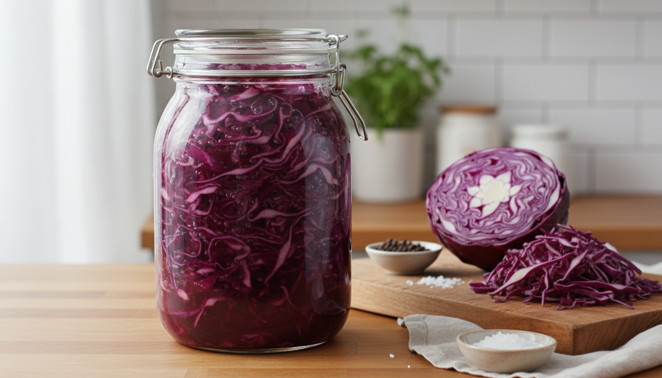 Fermentierter Rotkohl im Bügelglas neben einem halben Rotkohlkopf