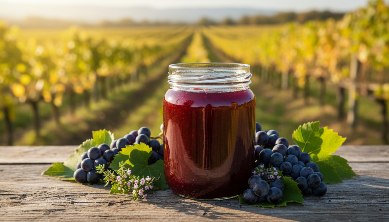 Selbst gemachtes Trauben-Thymian-Gelee im Glas mit blauen Weintrauben und Thymian