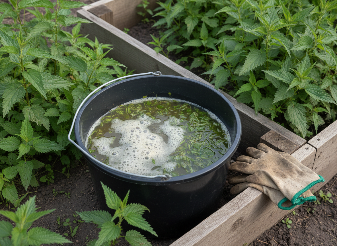 Eimer mit angesetzter Brennnesseljauche im Gemüsegarten neben frischen Brennnesseln