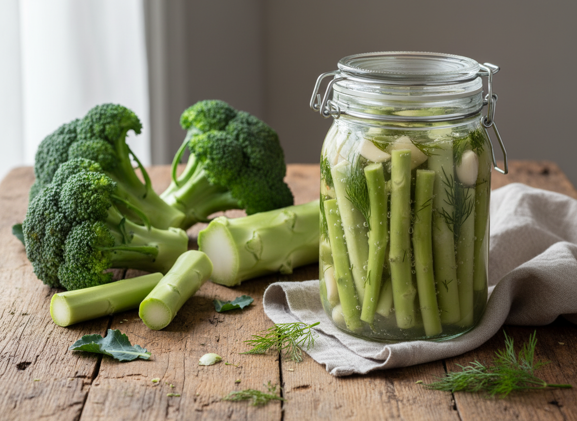 Fermentierte Brokkolistrunk-Sticks im Glas neben frischem Brokkoli