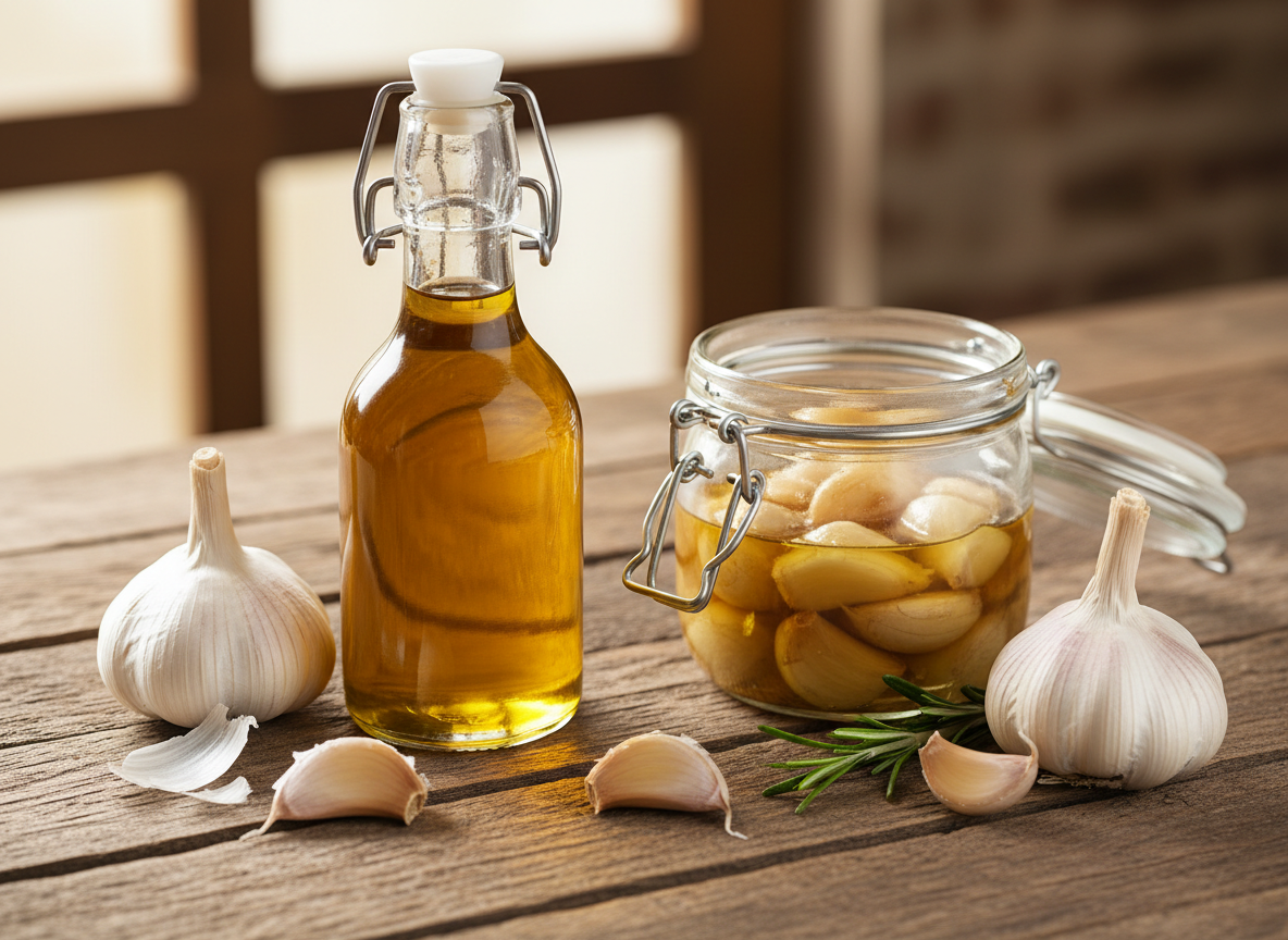 Flasche und Glas mit goldenem Knoblauch-Öl und eingelegten Knoblauchzehen neben frischen Knoblauchknollen
