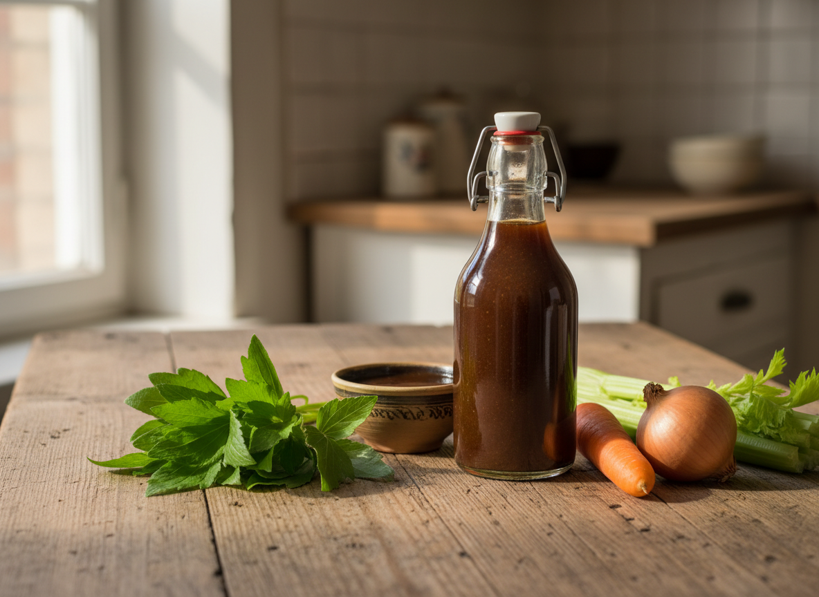 Bügelflasche mit selbst gemachter dunkler Speisewürze neben frischem Liebstöckel und Gemüse