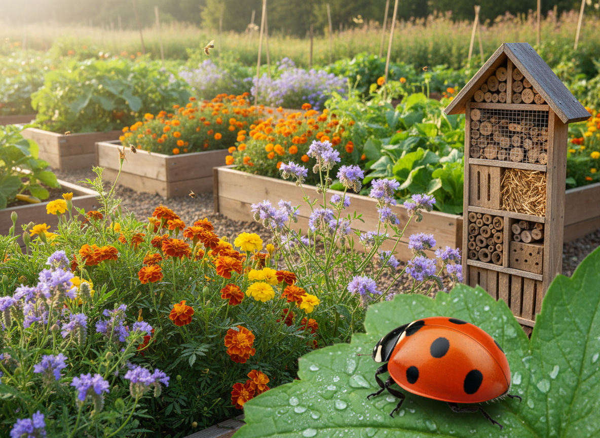 Marienkäfer auf einem Blatt im naturnahen Gemüsegarten mit Insektenhotel und Blühpflanzen