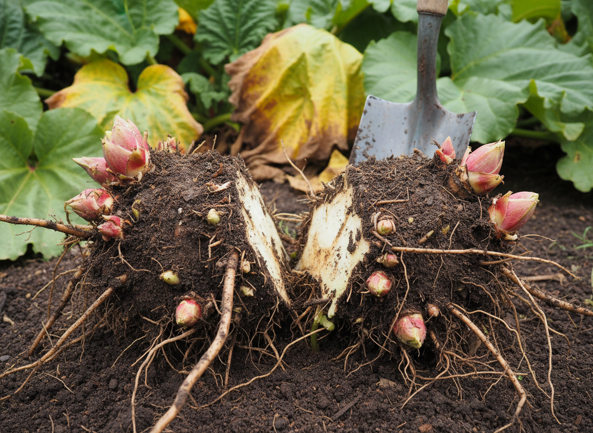 Geteilter Rhabarberwurzelstock mit roten Knospen neben einem Spaten im Gartenbeet