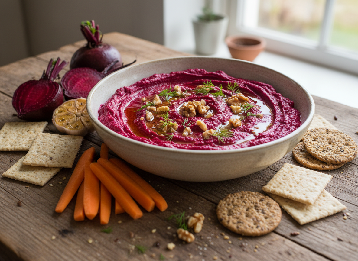 Schüssel mit pinkem Rote-Bete-Walnuss-Dip mit Dill, daneben Rote Bete, Knoblauch und Gemüsesticks