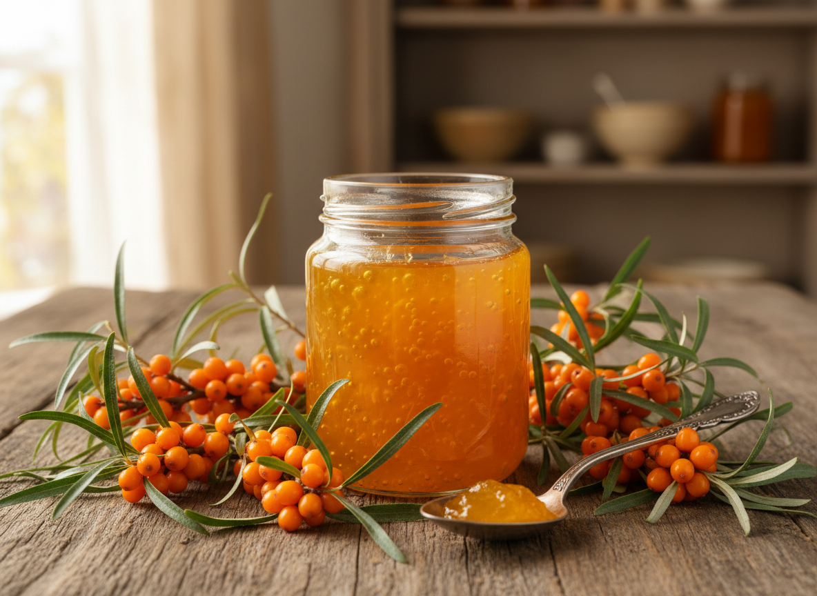 Sanddorn-Gelee im Glas mit frischen Sanddornzweigen